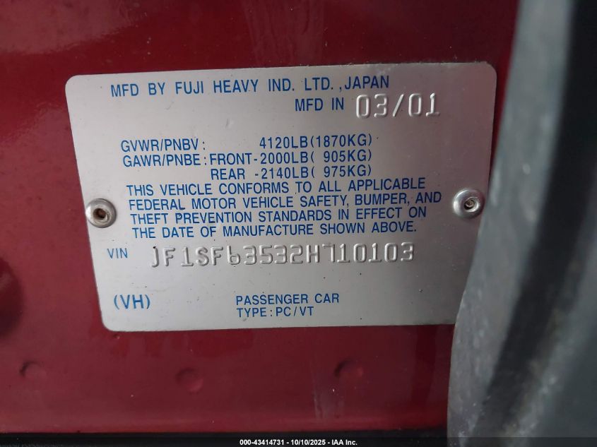 2002 Subaru Forester L VIN: JF1SF63532H710103 Lot: 43414731