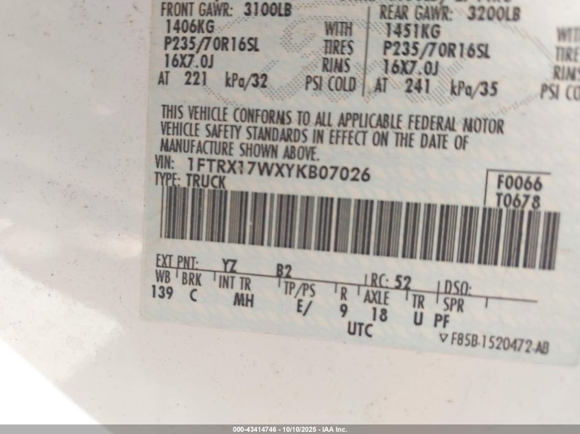 2000 Ford F-150 Lariat/Work Series/Xl/Xlt VIN: 1FTRX17WXYKB07026 Lot: 43414746