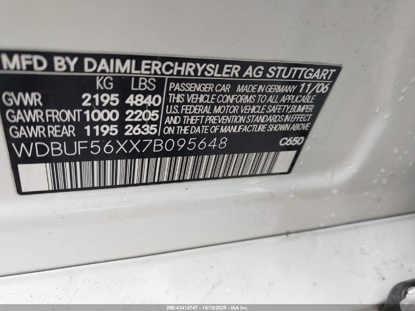 2007 Mercedes-Benz E 350 VIN: WDBUF56XX7B095648 Lot: 43414747