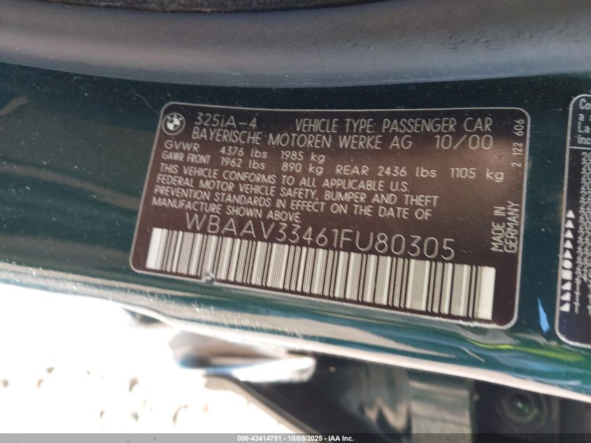 2001 BMW 325I VIN: WBAAV33461FU80305 Lot: 43414751