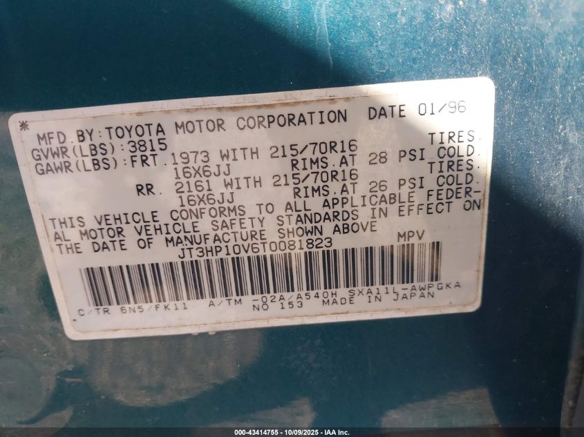 1996 Toyota Rav4 VIN: JT3HP10V6T0081823 Lot: 43414755