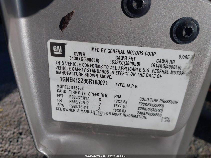 2006 Chevrolet Tahoe Lt VIN: 1GNEK13Z86R108071 Lot: 43414758