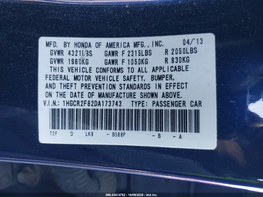 2013 Honda Accord Ex-L VIN: 1HGCR2F82DA173743 Lot: 43414762