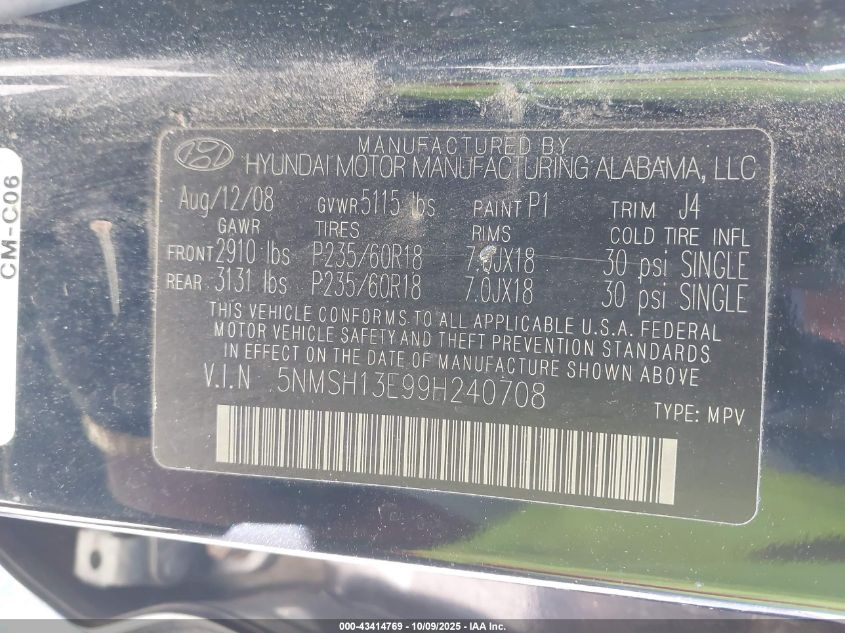 2009 Hyundai Santa Fe Se VIN: 5NMSH13E99H240708 Lot: 43414769