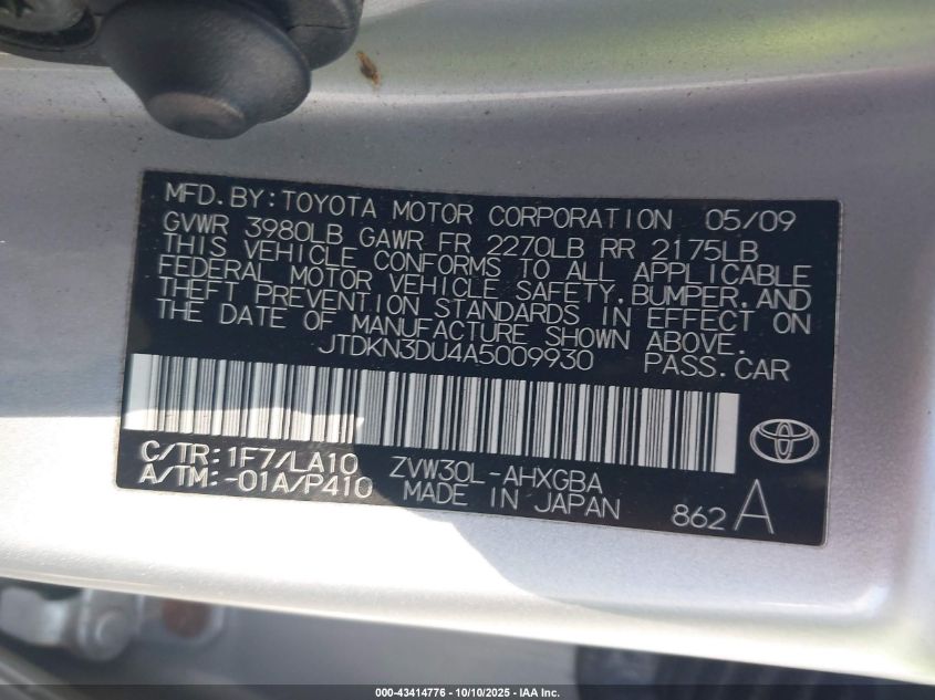 2010 Toyota Prius VIN: JTDKN3DU4A5009930 Lot: 43414776