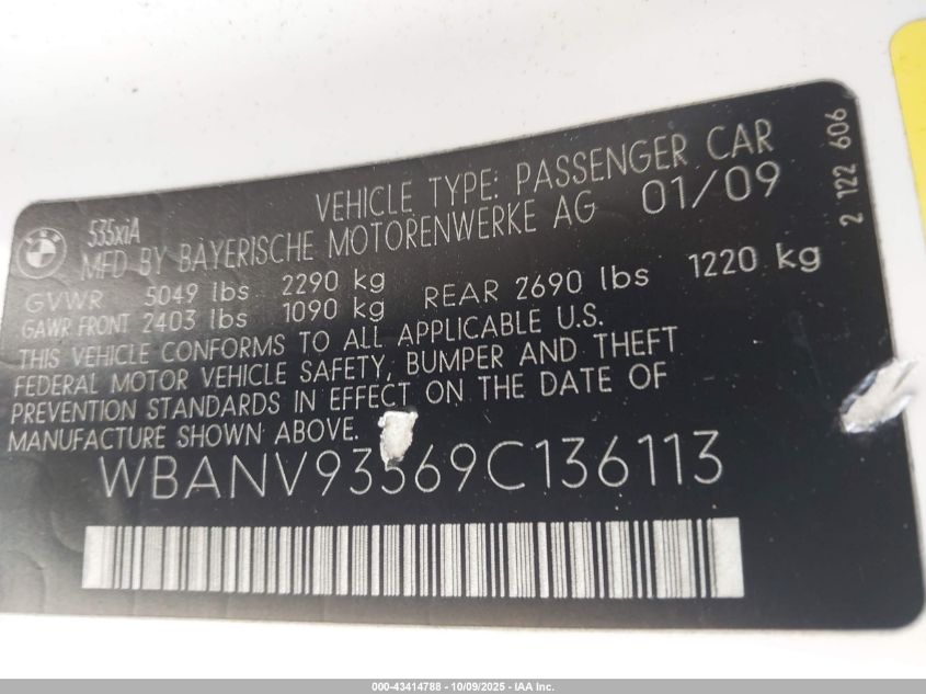 2009 BMW 535I xDrive VIN: WBANV93569C136113 Lot: 43414788