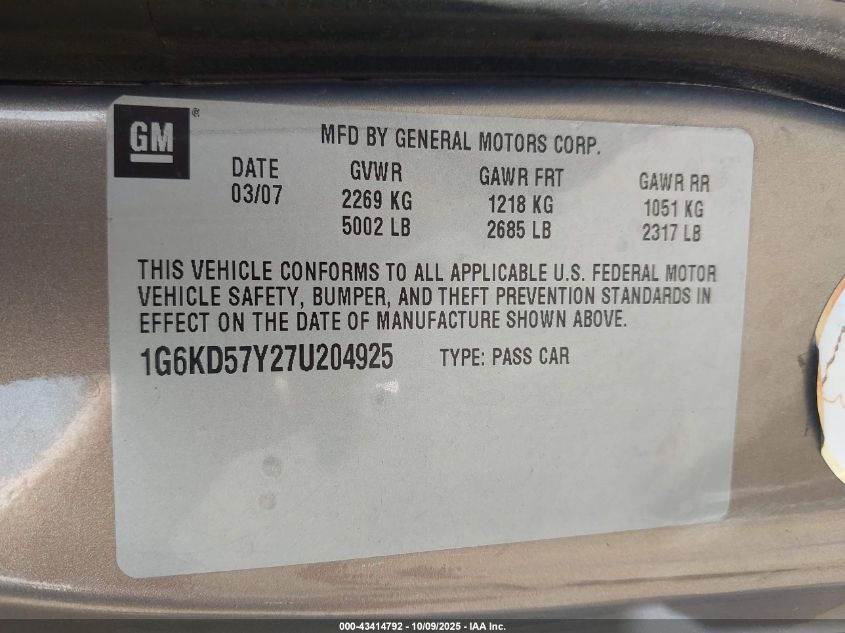 2007 Cadillac Dts V8 VIN: 1G6KD57Y27U204925 Lot: 43414792