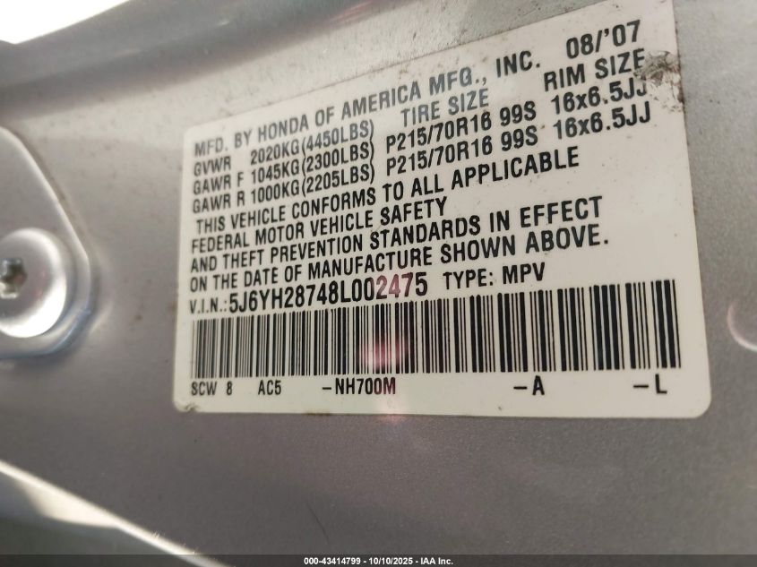 2008 Honda Element Ex VIN: 5J6YH28748L002475 Lot: 43414799