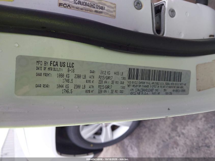 2017 Jeep Compass Sport Fwd VIN: 1C4NJCBA0HD123487 Lot: 43414806
