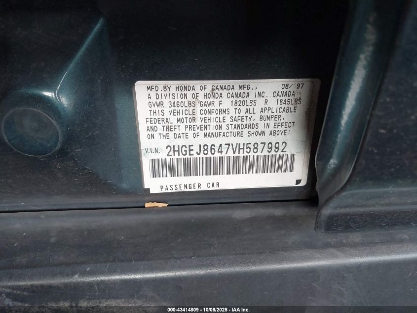 1997 Honda Civic Ex VIN: 2HGEJ8647VH587992 Lot: 43414809