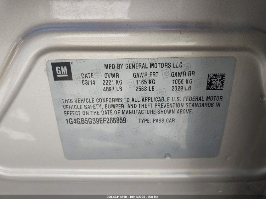 2014 Buick Lacrosse Leather Group VIN: 1G4GB5G39EF265859 Lot: 43414810