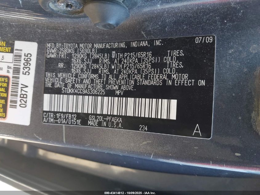 2010 Toyota Sienna Ce VIN: 5TDKK4CC9AS306225 Lot: 43414812