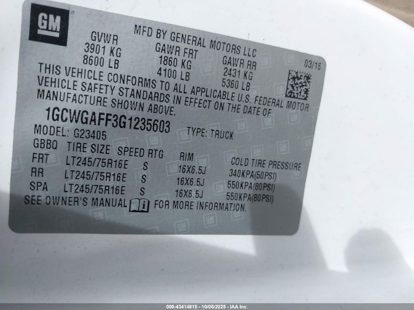 2016 Chevrolet Express 2500 Work Van VIN: 1GCWGAFF3G1235603 Lot: 43414815