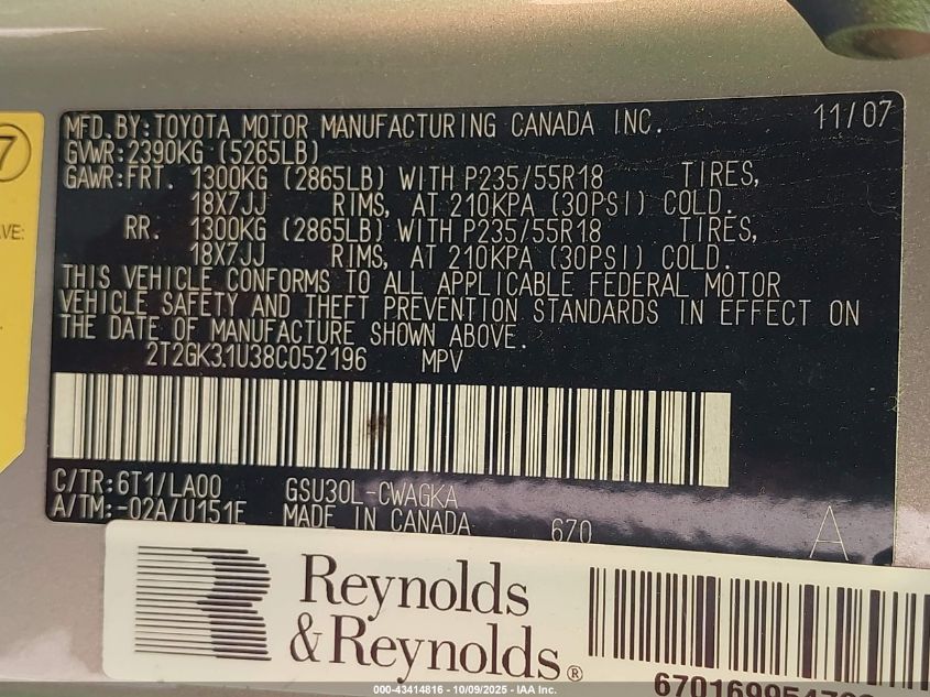 2008 Lexus Rx 350 VIN: 2T2GK31U38C052196 Lot: 43414816