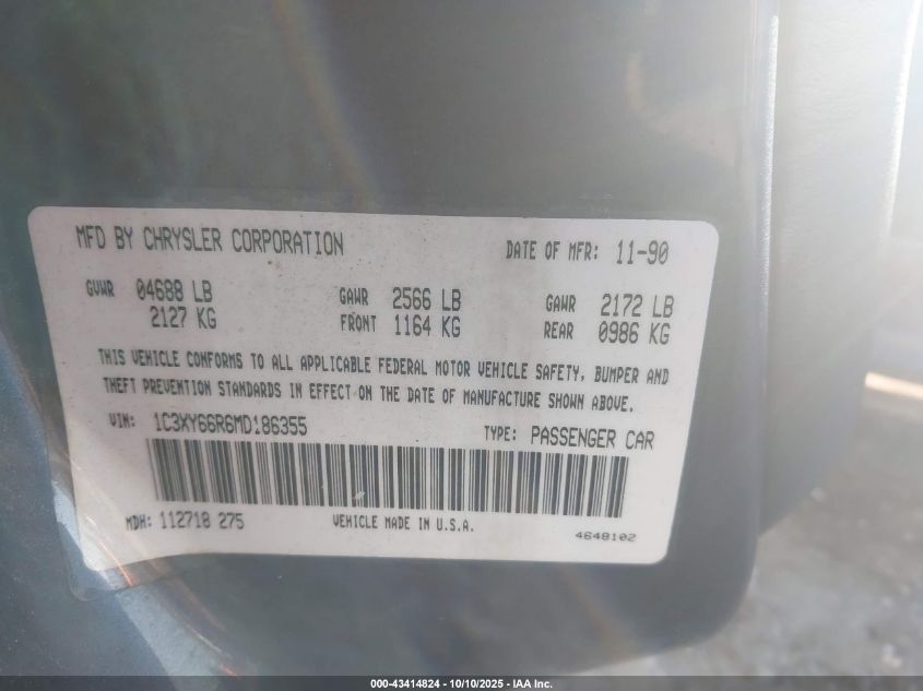 1991 Chrysler New Yorker Fifth Avenue VIN: 1C3XY66R6MD186355 Lot: 43414824