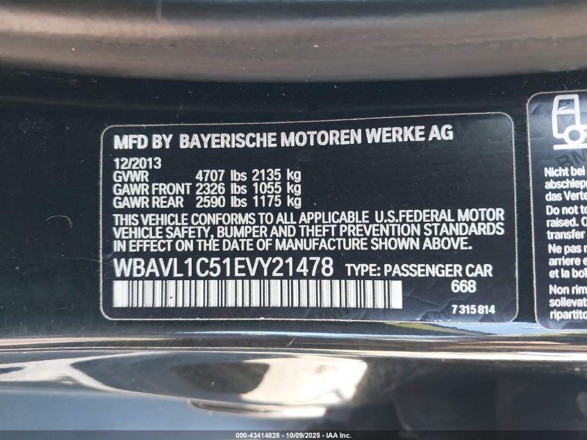 2014 BMW X1 xDrive28I VIN: WBAVL1C51EVY21478 Lot: 43414828