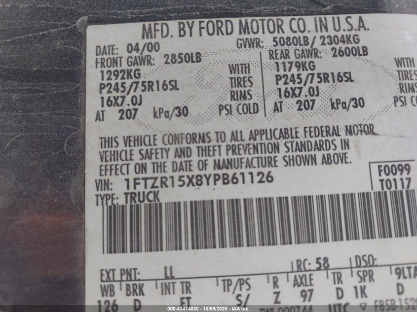 2000 Ford Ranger Xlt VIN: 1FTZR15X8YPB61126 Lot: 43414830