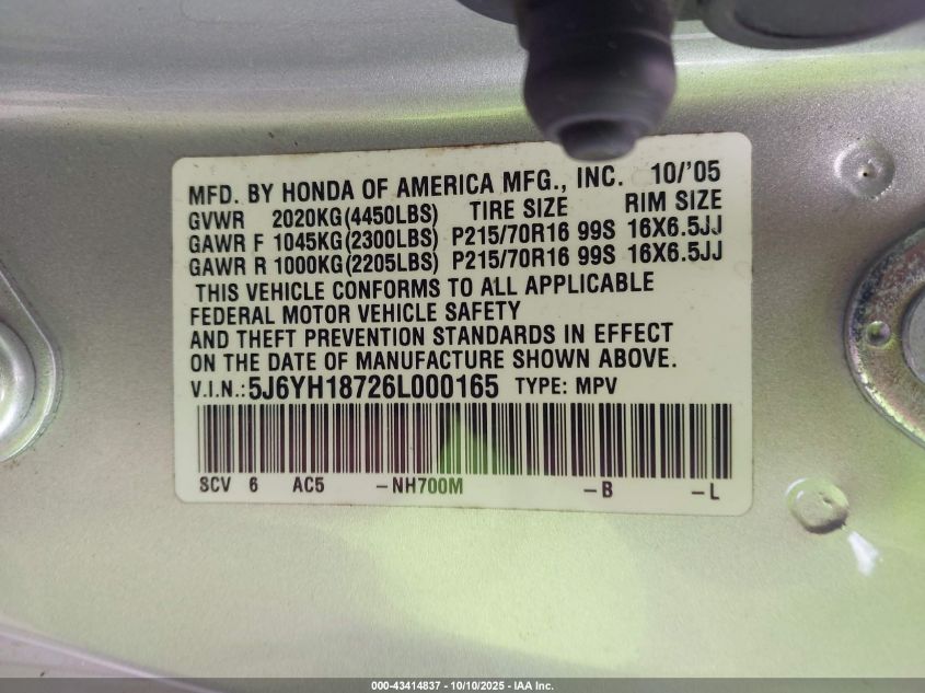 2006 Honda Element Ex-P VIN: 5J6YH18726L000165 Lot: 43414837