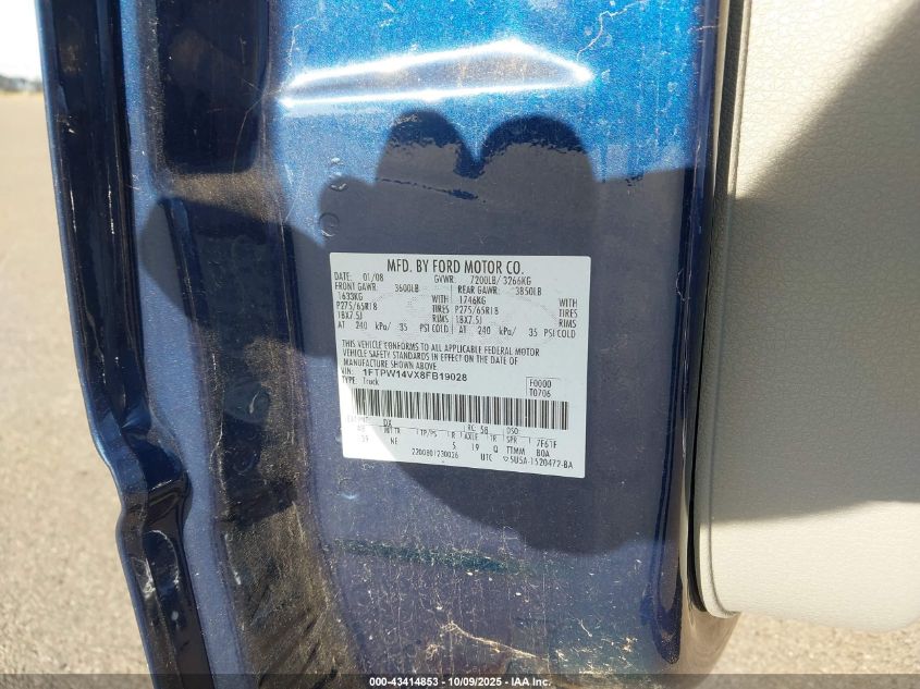 2008 Ford F-150 Xlt VIN: 1FTPW14VX8FB19028 Lot: 43414853