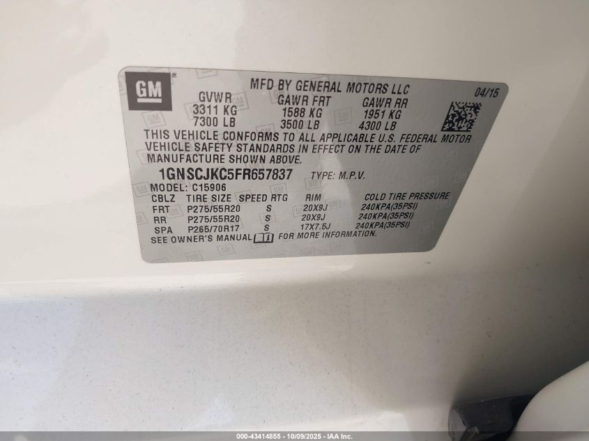 2015 Chevrolet Suburban 1500 Lt VIN: 1GNSCJKC5FR657837 Lot: 43414855