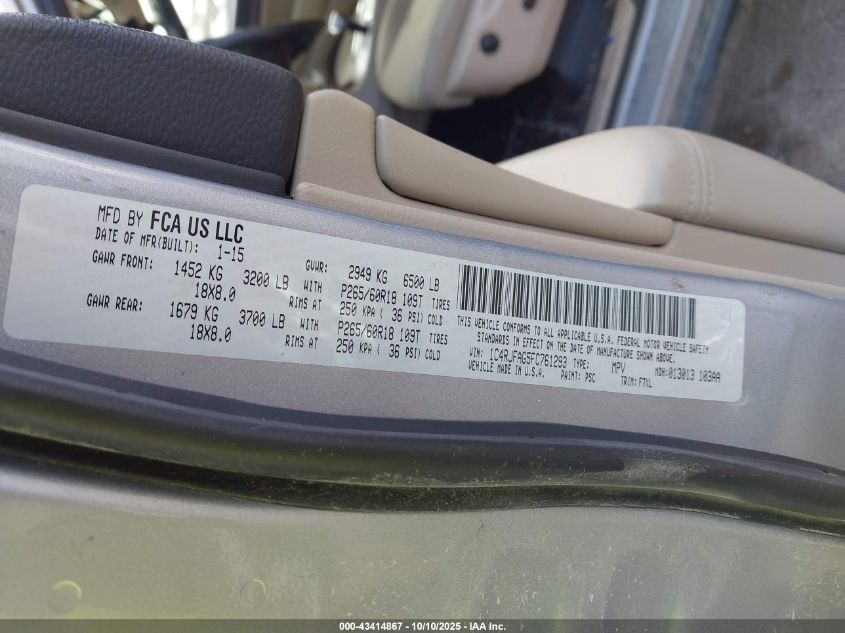 2015 Jeep Grand Cherokee Laredo VIN: 1C4RJFAG5FC761293 Lot: 43414867