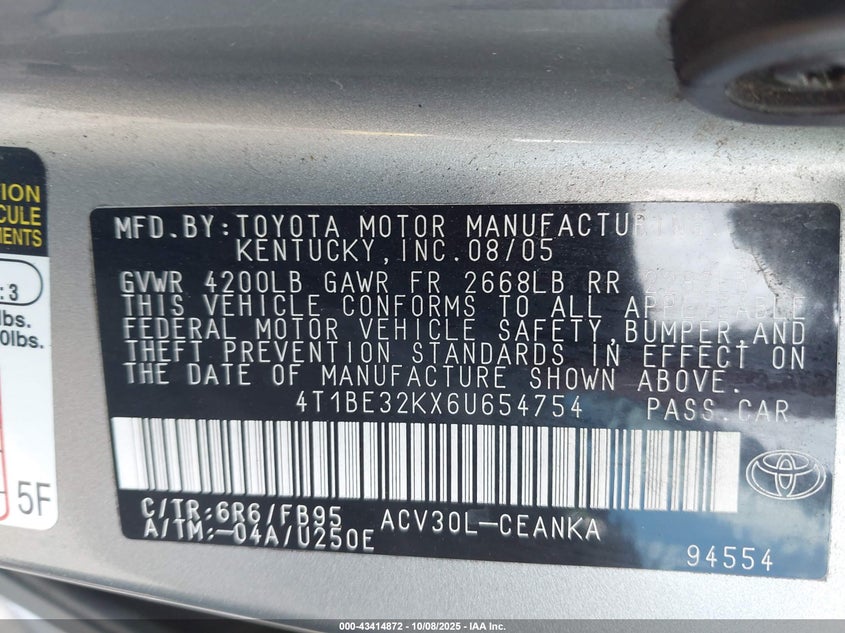 2006 Toyota Camry Le VIN: 4T1BE32KX6U654754 Lot: 43414872