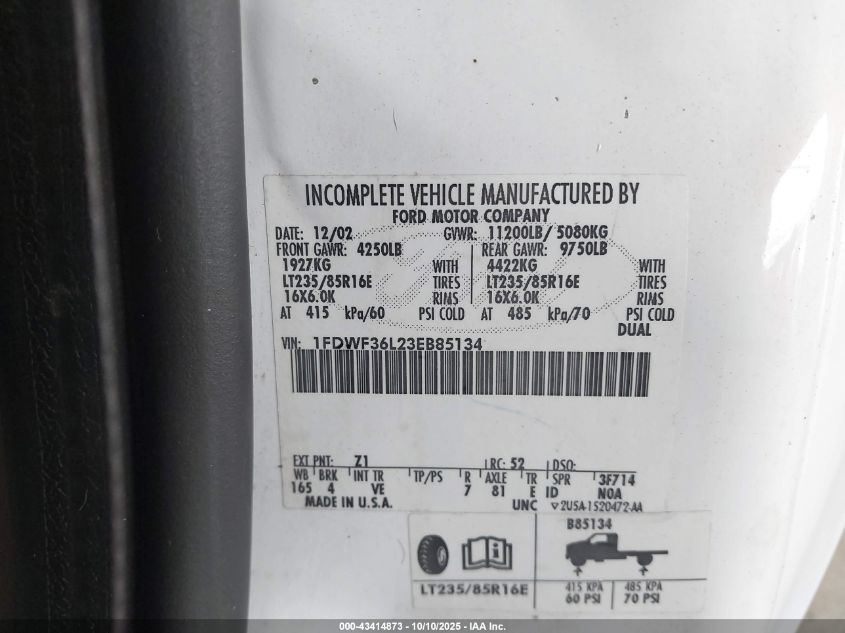 2003 Ford F-350 Xl/Xlt VIN: 1FDWF36L23EB85134 Lot: 43414873