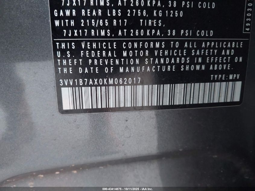 2019 Volkswagen Tiguan 2.0T S VIN: 3VV1B7AX0KM062017 Lot: 43414875