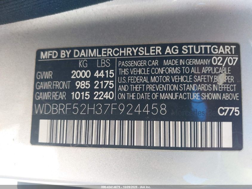 2007 Mercedes-Benz C 230 Sport VIN: WDBRF52H37F924458 Lot: 43414879