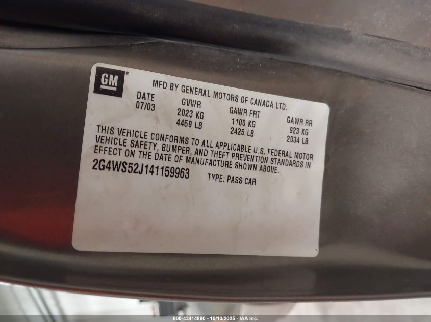 2004 Buick Century VIN: 2G4WS52J141159963 Lot: 43414880