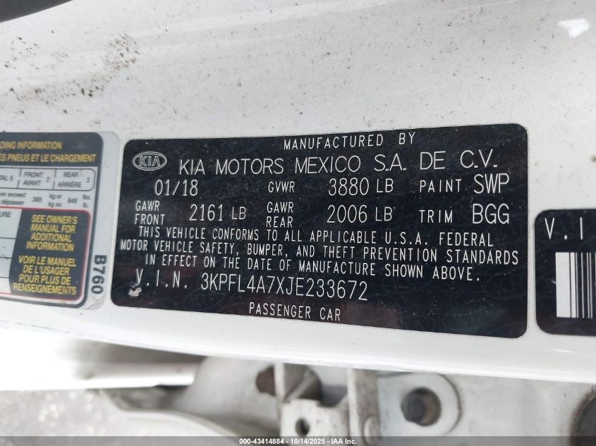 2018 Kia Forte Lx VIN: 3KPFL4A7XJE233672 Lot: 43414884