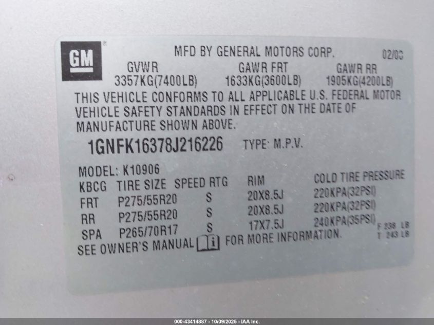 2008 Chevrolet Suburban 1500 Lt VIN: 1GNFK16378J216226 Lot: 43414887