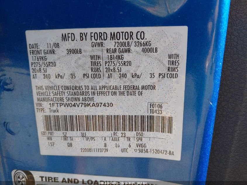 2009 Ford F-150 Fx4 VIN: 1FTPW04V79KA97430 Lot: 43414891