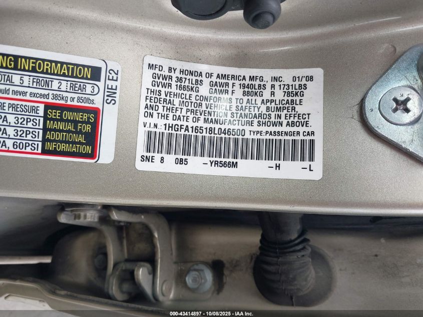 2008 Honda Civic Lx VIN: 1HGFA16518L046500 Lot: 43414897