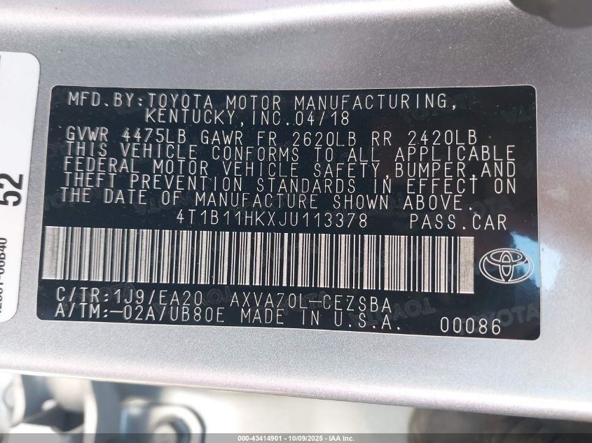 2018 Toyota Camry Se VIN: 4T1B11HKXJU113378 Lot: 43414901