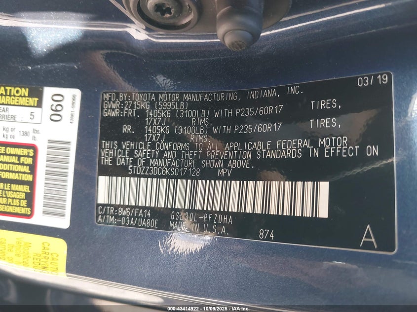 2019 TOYOTA SIENNA L 7 PASSENGER 5TDZZ3DC6KS017128