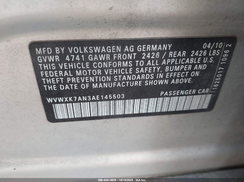 2010 Volkswagen Passat Komfort VIN: WVWXK7AN3AE145503 Lot: 43414925
