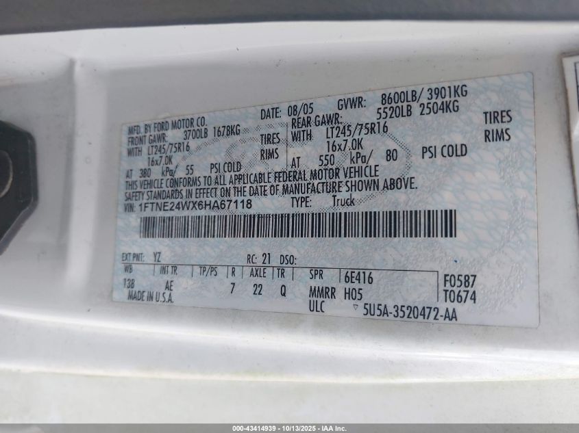 2006 Ford E-250 Commercial/Recreational VIN: 1FTNE24WX6HA67118 Lot: 43414939