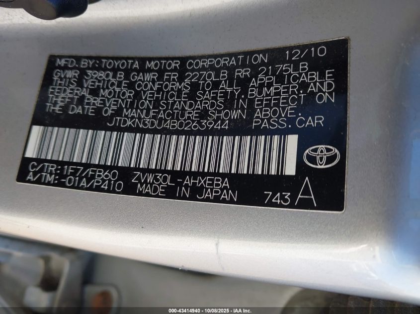 2011 Toyota Prius Three VIN: JTDKN3DU4B0263944 Lot: 43414940