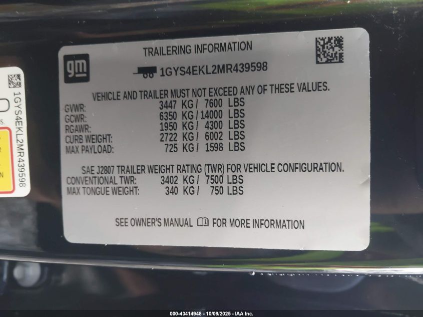 2021 Cadillac Escalade 4Wd Sport VIN: 1GYS4EKL2MR439598 Lot: 43414948