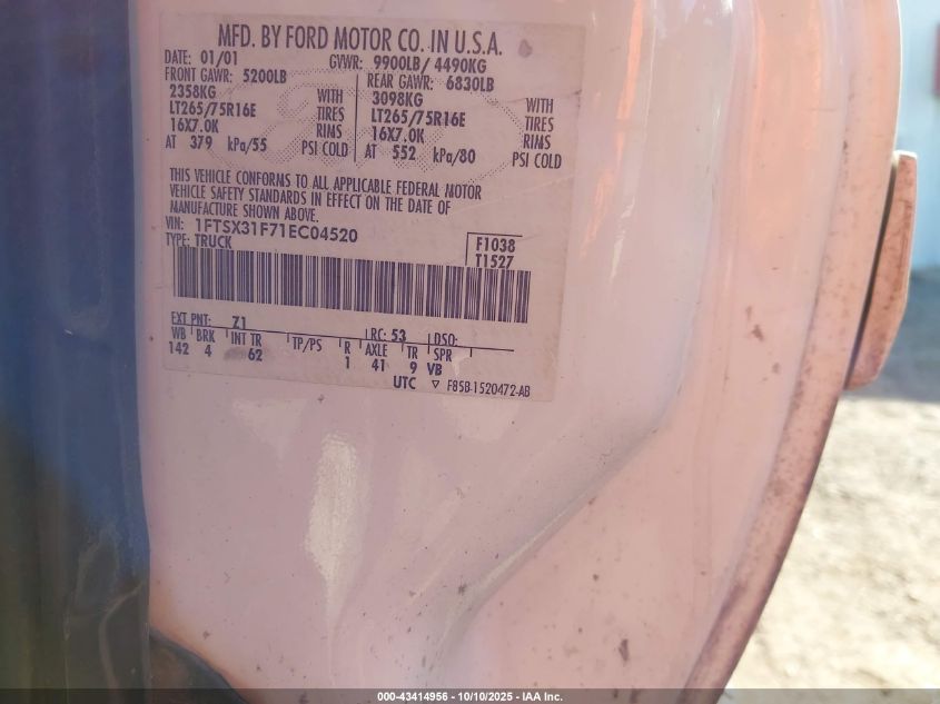 2001 Ford F-350 Lariat/Xl/Xlt VIN: 1FTSX31F71EC04520 Lot: 43414956