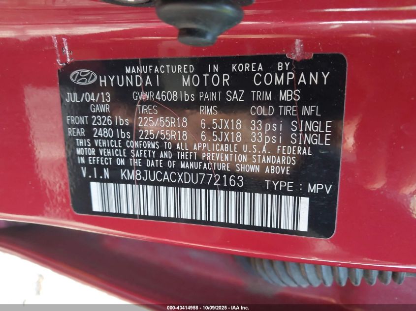 2013 Hyundai Tucson Limited VIN: KM8JUCACXDU772163 Lot: 43414958