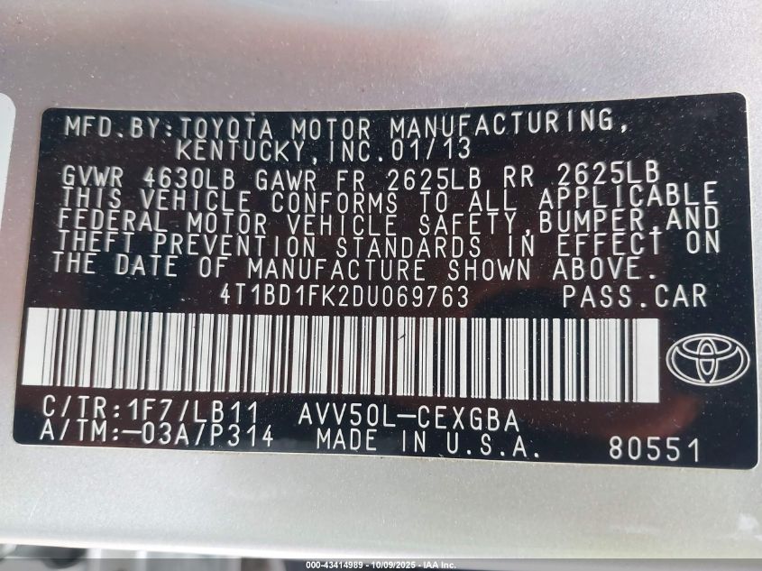 2013 Toyota Camry Hybrid Xle VIN: 4T1BD1FK2DU069763 Lot: 43414989