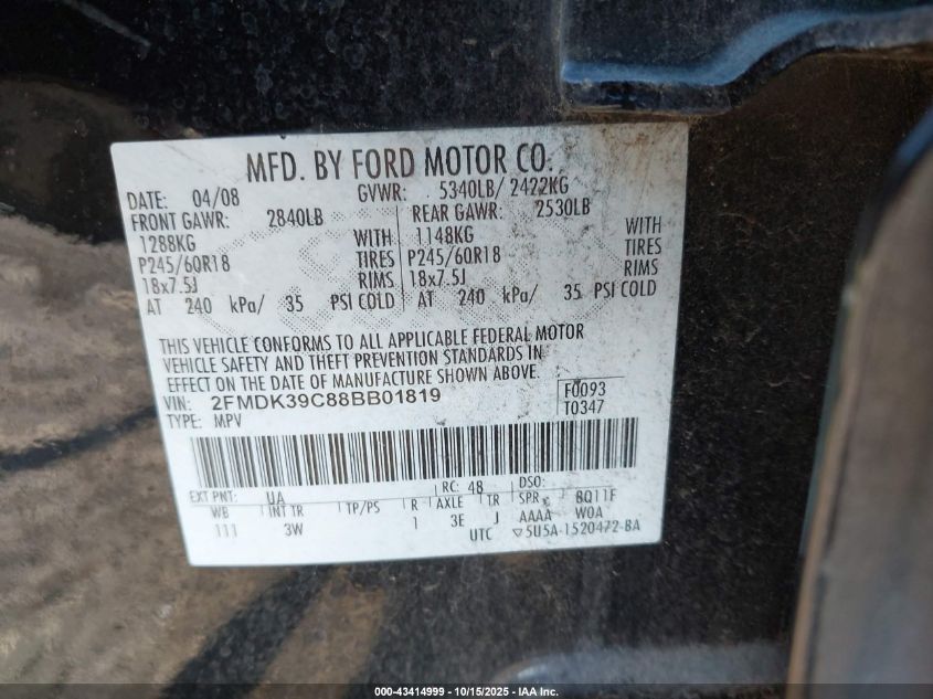 2008 Ford Edge Limited VIN: 2FMDK39C88BB01819 Lot: 43414999