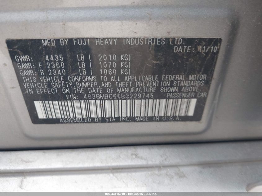 2011 Subaru Legacy 2.5I Premium VIN: 4S3BMBC66B3229745 Lot: 43415010