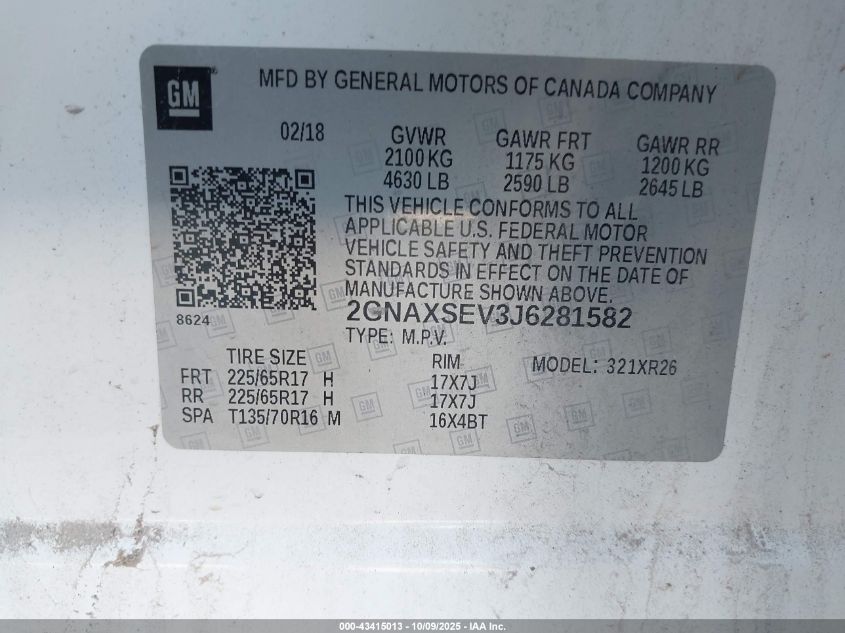 2018 Chevrolet Equinox Lt VIN: 2GNAXSEV3J6281582 Lot: 43415013