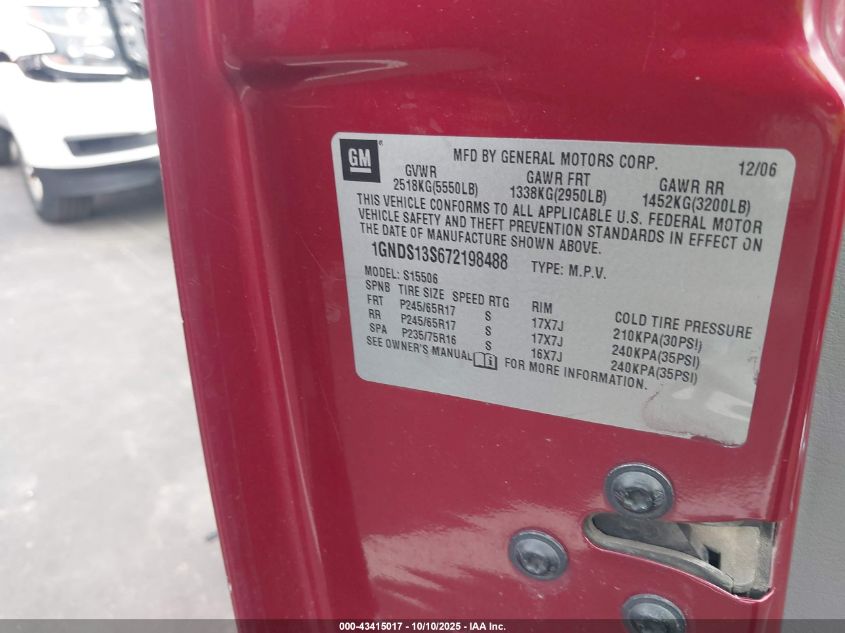 2007 Chevrolet Trailblazer Ls VIN: 1GNDS13S672198488 Lot: 43415017