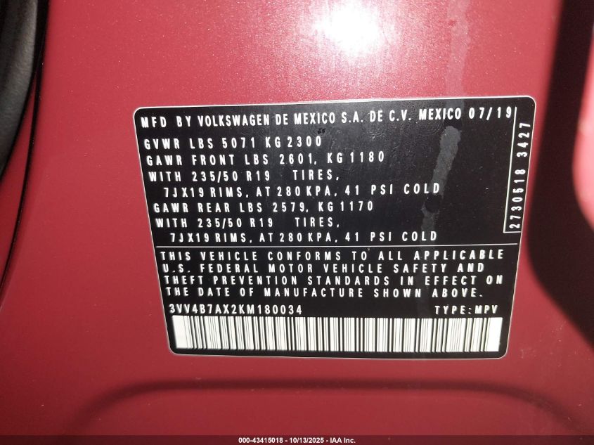2019 Volkswagen Tiguan 2.0T Sel Premium/2.0T Sel Premium R-Line VIN: 3VV4B7AX2KM180034 Lot: 43415018