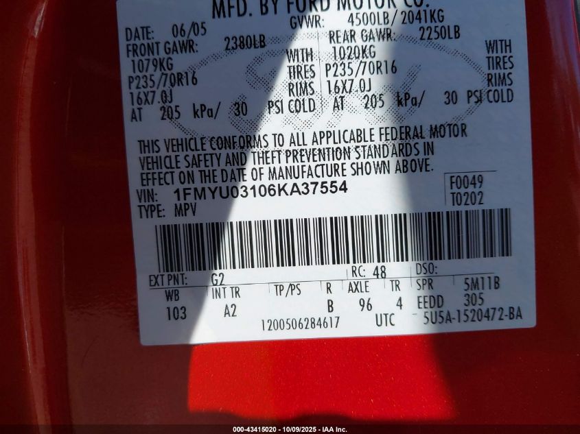 2006 Ford Escape Xlt/Xlt Sport VIN: 1FMYU03106KA37554 Lot: 43415020