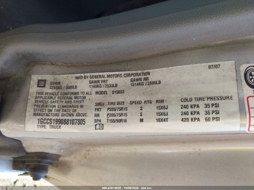 2008 Chevrolet Colorado Work Truck VIN: 1GCCS199088107805 Lot: 43415029